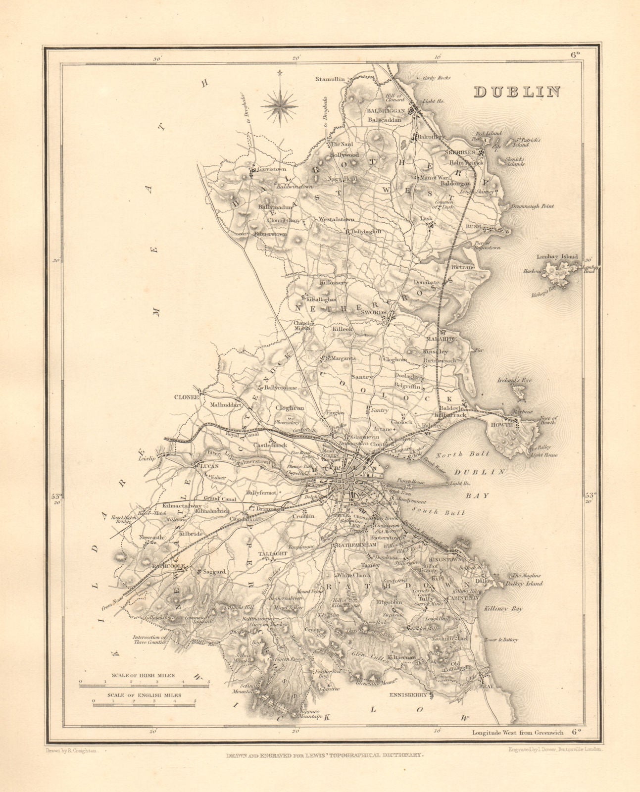 COUNTY DUBLIN antique map for LEWIS by CREIGHTON & DOWER - Ireland 1846